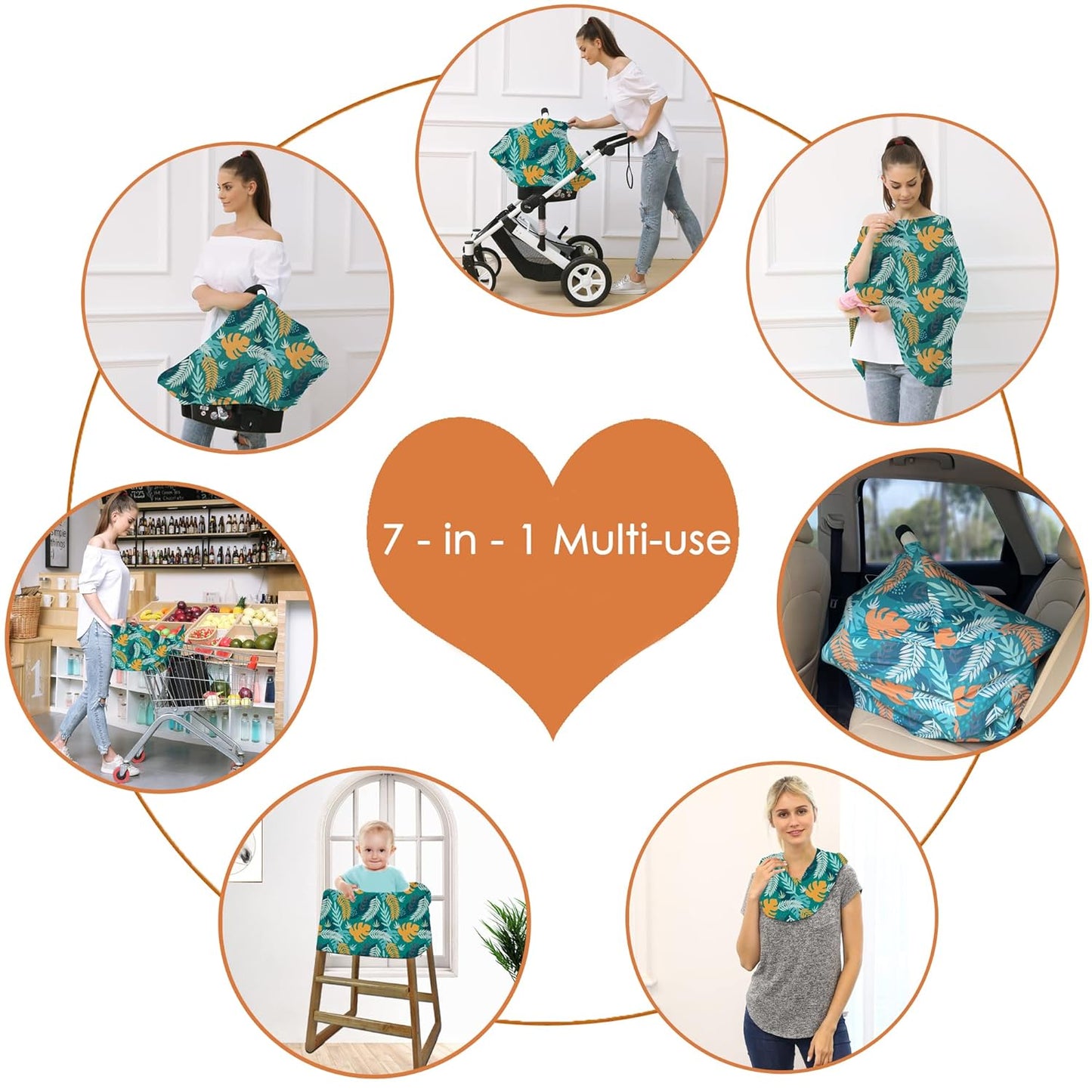 Carseat Cover Boy and Girls - Multi-use Nursing Car Seat Canopy Cover for Breastfeeding, Infant Stroller Cover, High Chair Cover (Green Leaves)