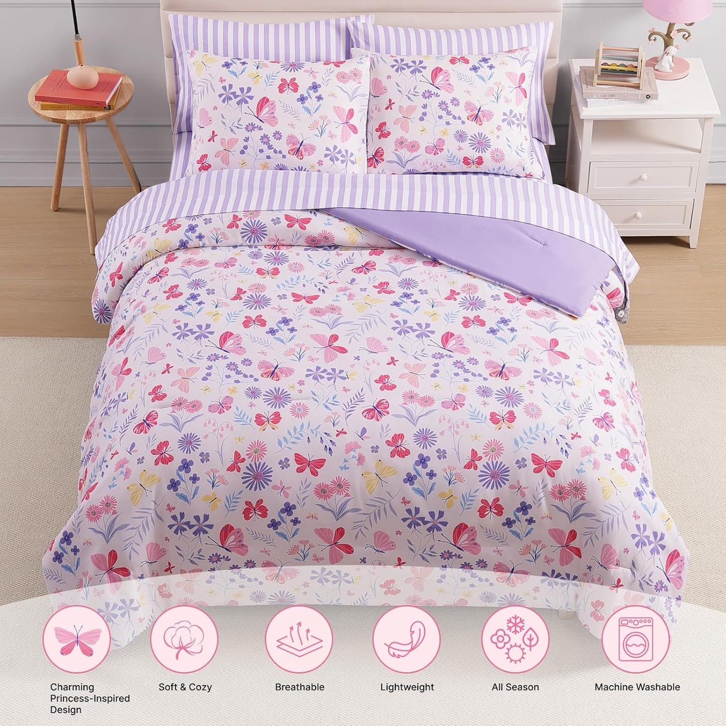 Full Size Comforter Sets with Sheets for Girls-7 Pieces Full Size Bedding Sets with Pink Comforter, Sheets, Pillowcases & Shams for Kids (Cute Botanical Flowers, 76" X 86")