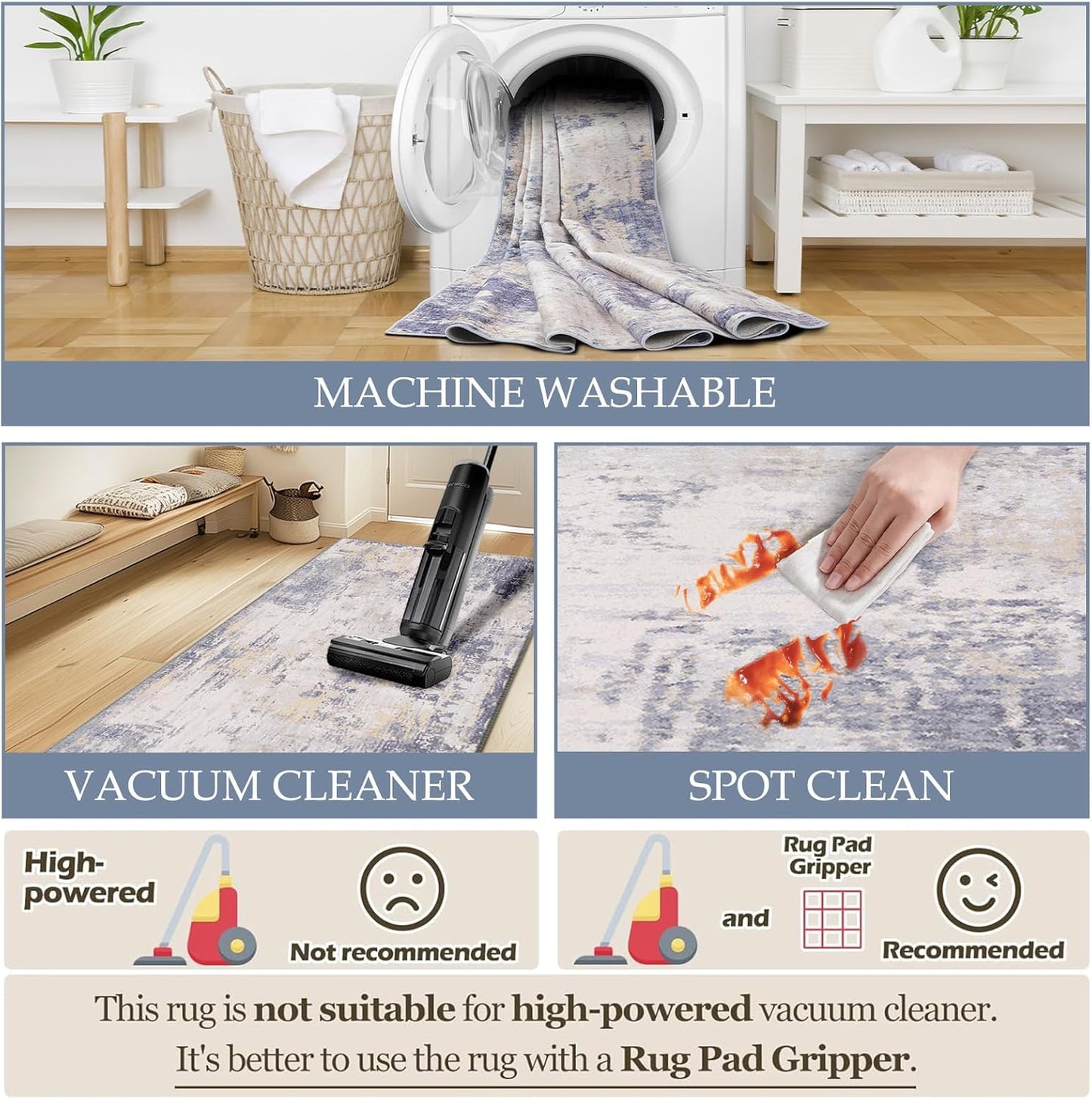 Washable Area Rugs 6'x9' Non-Slip Modern Abstract Soft for Living Room Entryway Bedroom Nursery, Print Pattern, Purple Grey Cream Yellow