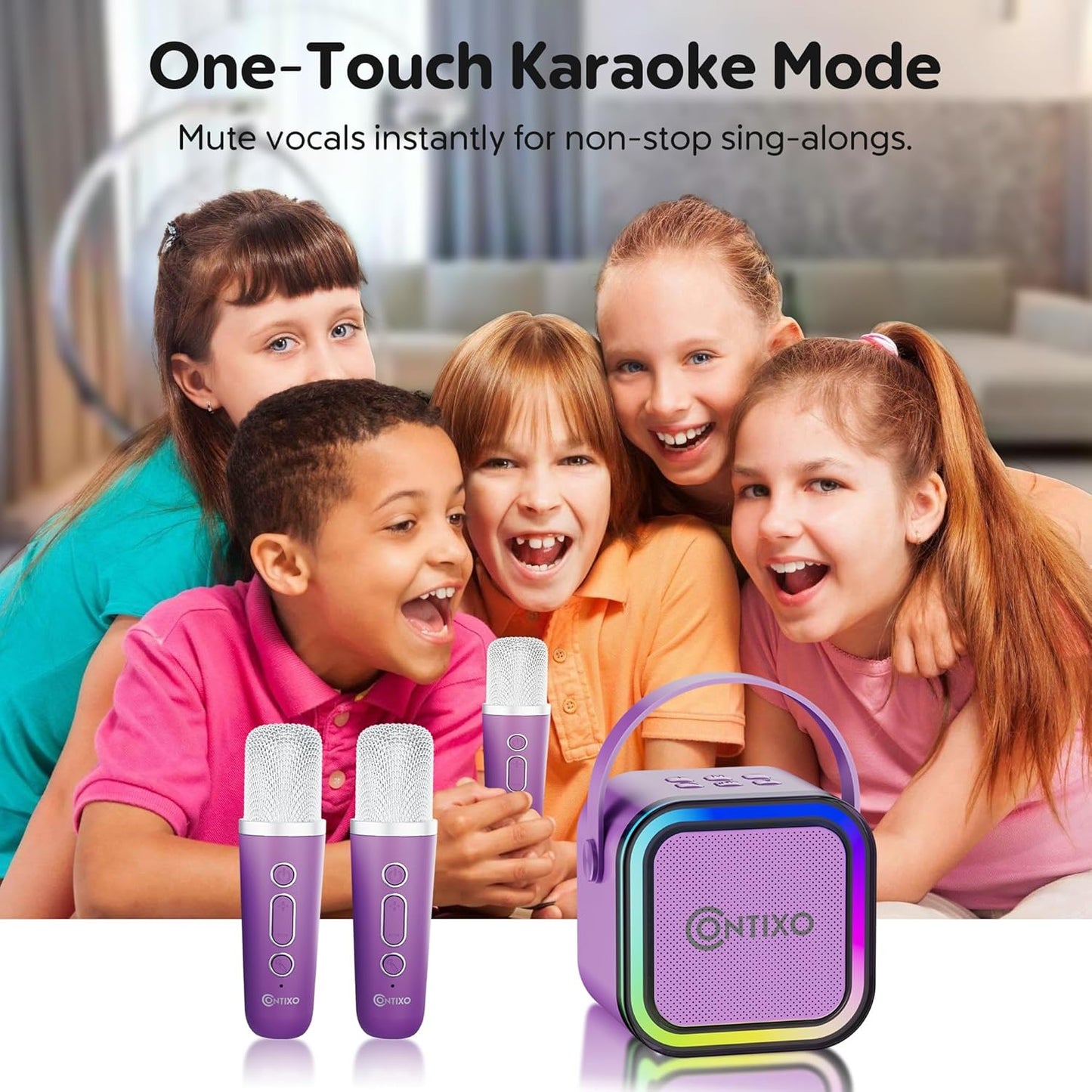 Contixo KS1A Kids Mini Karaoke Machine with LED Lights, 7–10H Playback, Dual Wireless Mics, Magic Voice Effects, Bluetooth Speaker for Children, Portable Singing Toy Gift for Boys & Girls, Purple