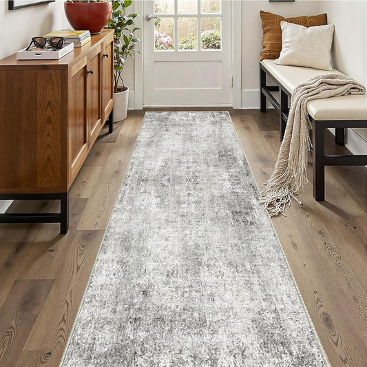 Washable Area Rugs 2'x10' Non-Slip Modern Abstract Soft for Living Room Entryway Bedroom Nursery, Print Pattern, Gray White Grey