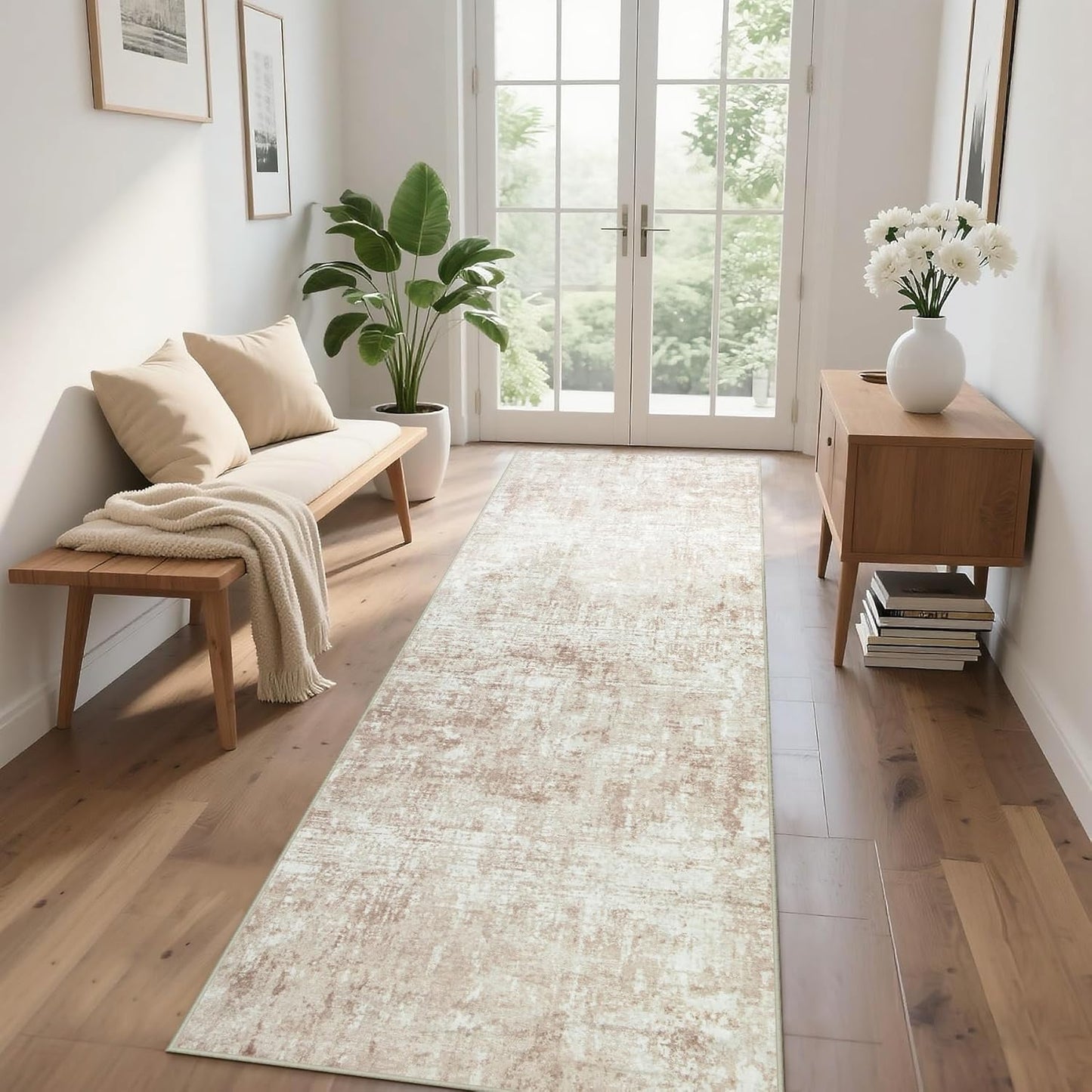 Runner Rug for Hallways Kitchen 2'6"x8' Washable, Non Slip Carpet 8ft Area Rugs Entryway Rubber Backed 8 Feet Neutral Abstract Modern Low Pile Indoor Beige