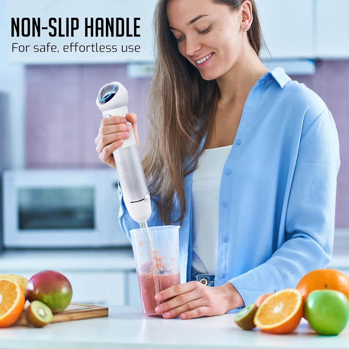 OVENTE Cordless Immersion Hand Blender, 300W Rechargeable Handheld Portable Stick Mixer with Speed Pulse Activating Sensor and Stainless Steel Blades for Smoothies, Shakes or Baby Food, White HR995W