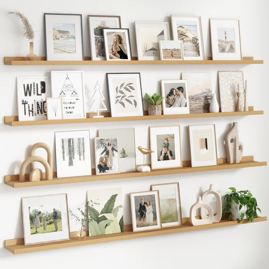 4-Pack 72 Inch Wall Mounted Floating Picture Ledge Shelves, Modern Oak Style, Perfect for Displaying Photos, Books, Collectibles, and More