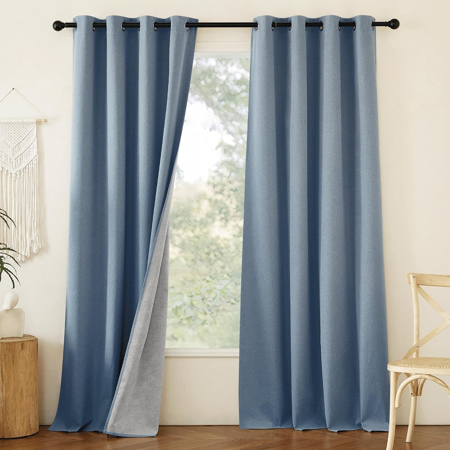 NICETOWN Stone Blue Full Shade Faux Linen Curtain Panels 90" Long, Pair of Energy Smart & Noise Blocking Out Blackout Drapes for Guest Room Window, Thermal Insulated Lined Window Dressing (52 inch)