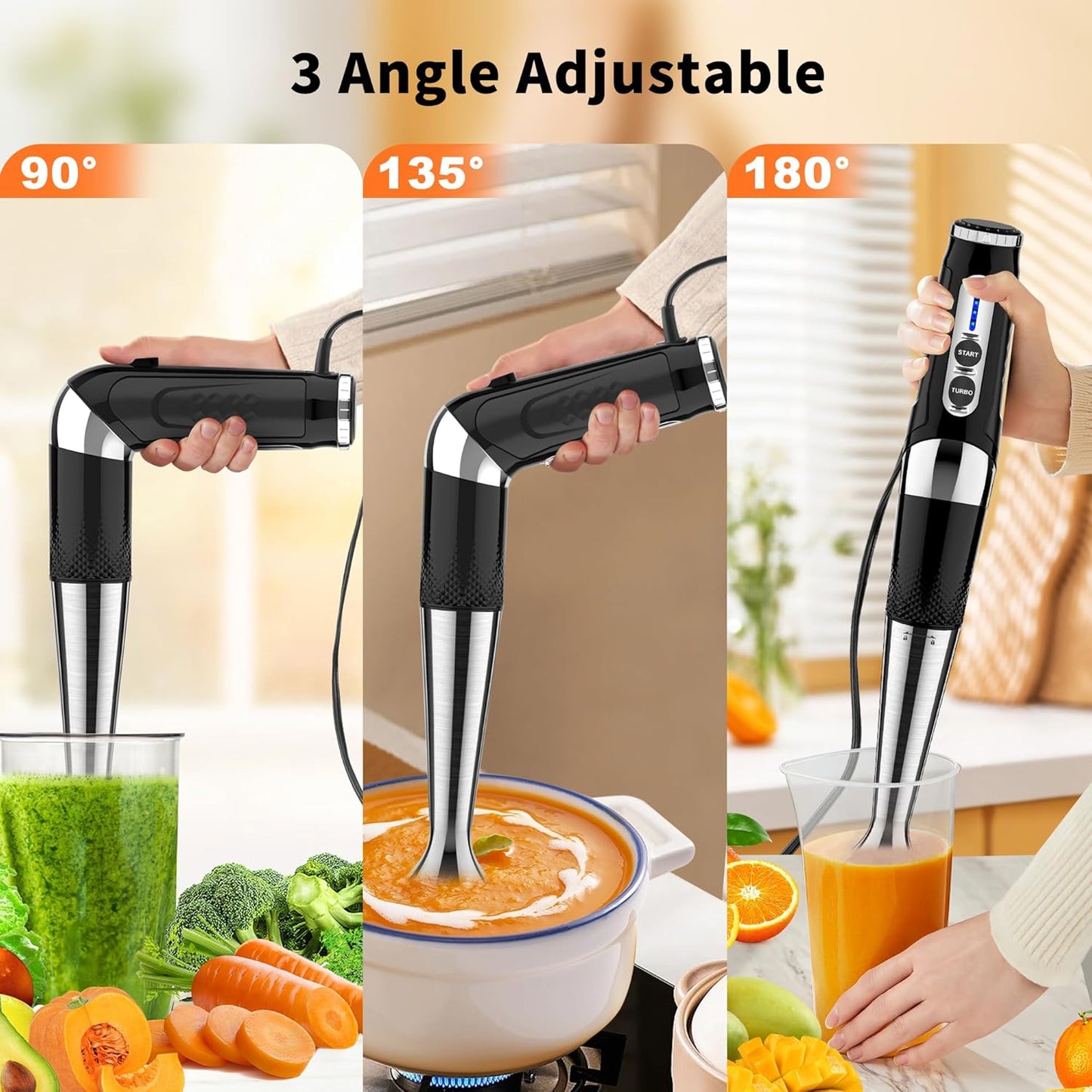 Immersion Blender Handheld, 3-Angle Adjustable with 21-Speed Electric Hand Emulsion Stick Blender with Stainless Steel Blade for Milkshakes, Puree, Soup, Baby Food, Smoothies