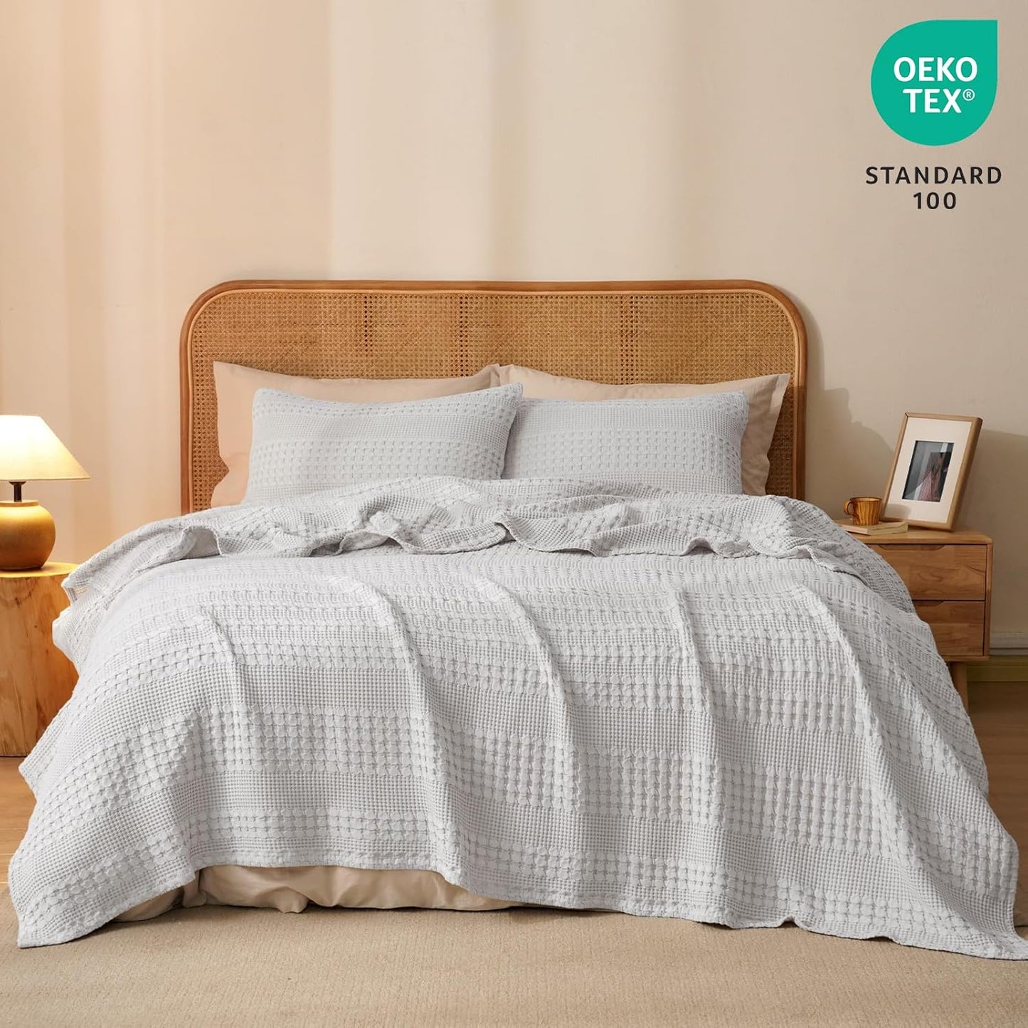 PHF 100% Cotton Waffle Weave Blanket Twin Size, Soft Lightweight Breathable Cozy Summer Blankets for Bed, Luxury Aesthetic Woven Bedding for Home Decor, 66"x90", Light Grey