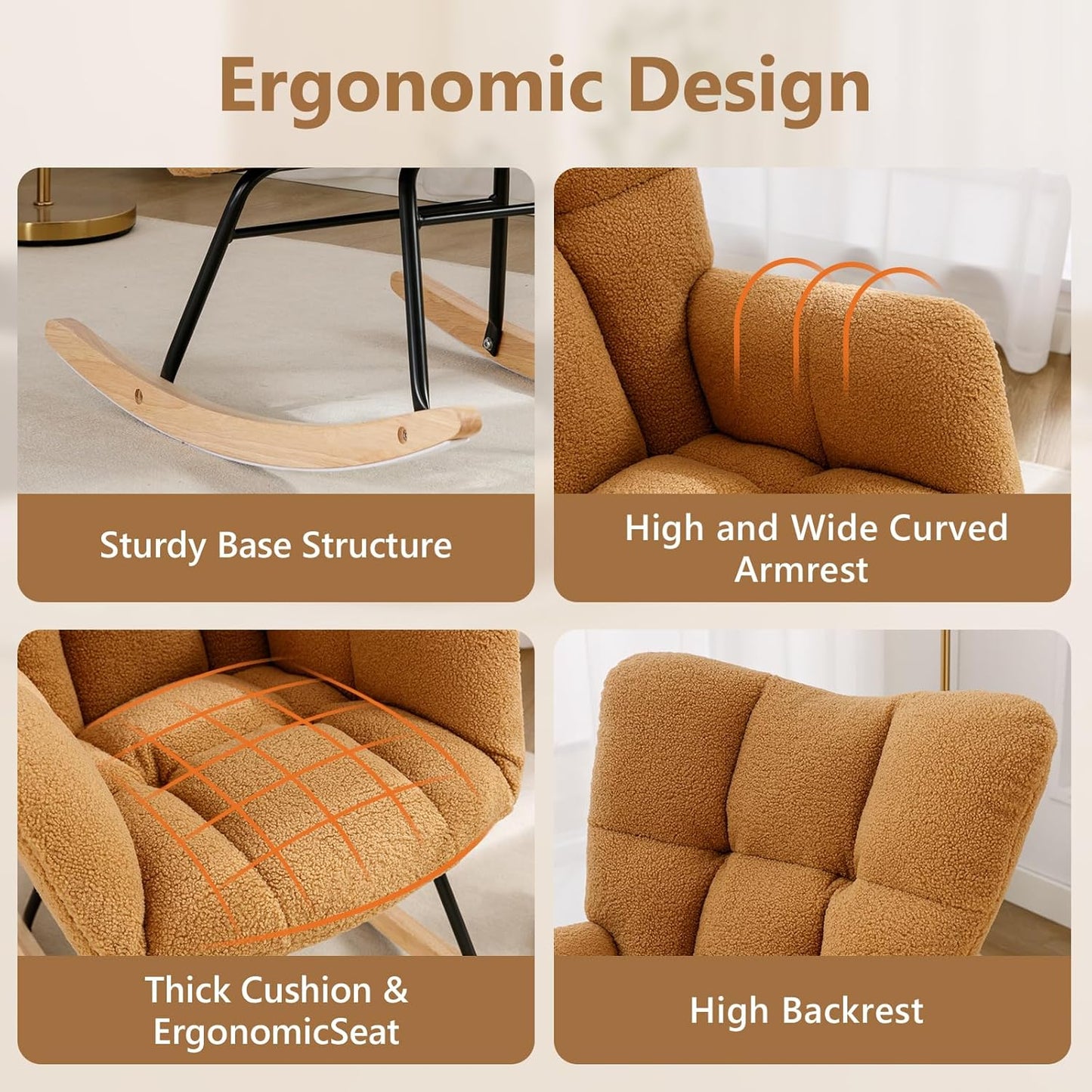 NIOIIKIT Nursery Rocking Chair Teddy Upholstered Glider Rocker Rocking Accent Chair Padded Seat with High Backrest Armchair Comfy Side Chair for Living Room Bedroom Offices (Kahaki Teddy)