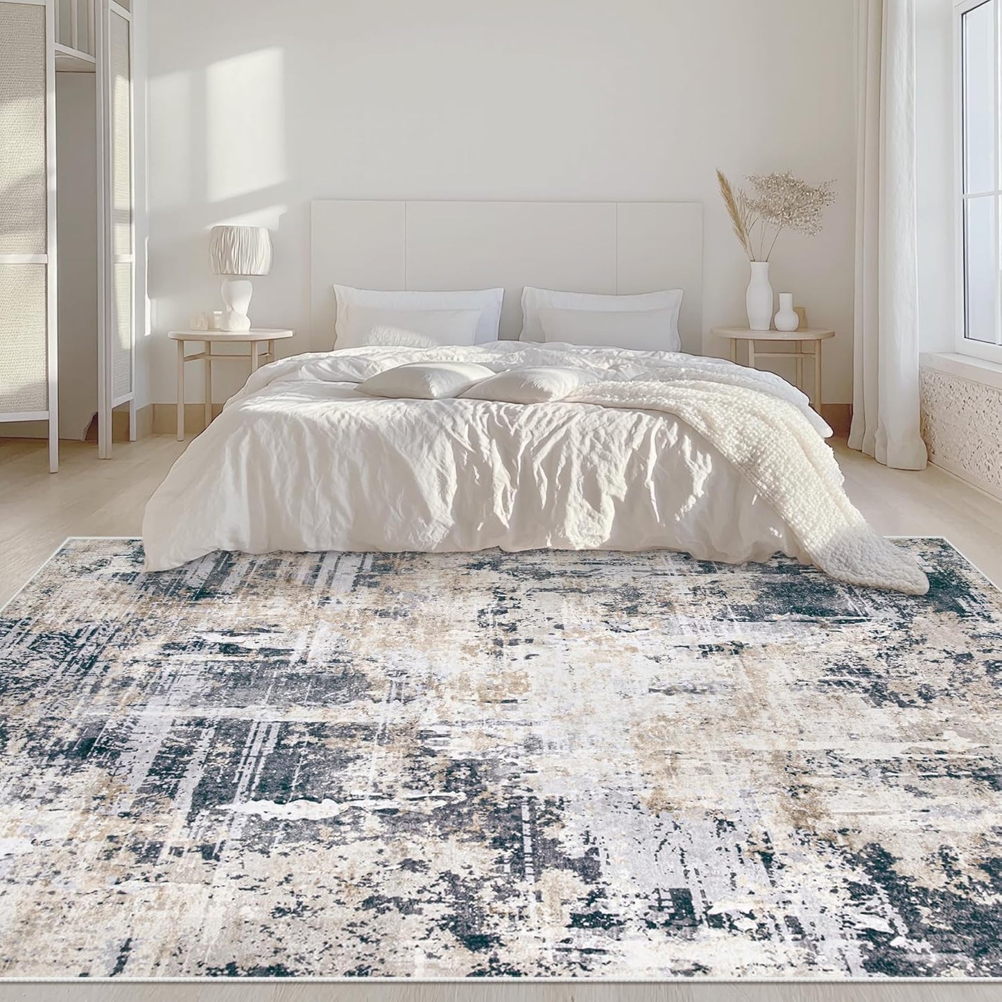 Area Rugs 5x7 Living Room: Washable Rug Modern Abstract Rugs Soft Non Slip Neutral Rug Stain Resistant Indoor Carpet for Bedroom Kitchen Dining Room Nursery Home Office Rugs(Black Brown,5'x7')