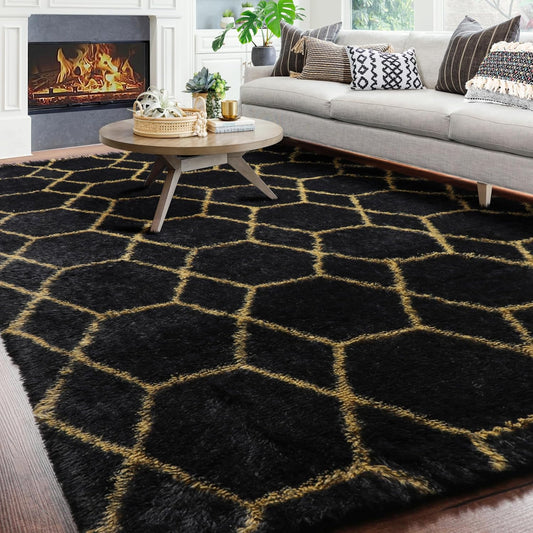 ONASAR 7x9 Area Rugs for Living Room Bedroom, Washable Large Boho Fluffy Black and Gold Throw Rug, Geometric Soft Plush Shaggy Floor Carpet for Nursery Kids Girls Boys Teen Dorm Home Decor Aesthetic
