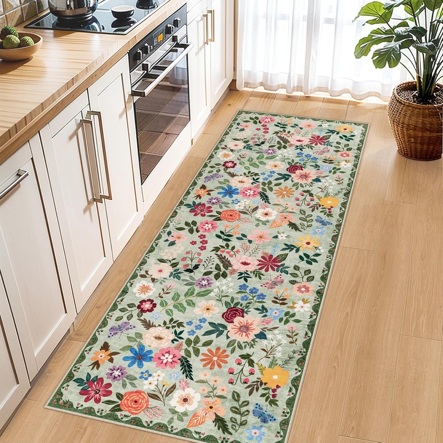 Runner Rug for Entryway: 2.6x8 Kitchen Rugs Non Slip Washable Ultra-Thin Soft Floral Carpet Indoor Floor Stain Resistant Carpets for Hallway Bedroom Kitchen Laundry Bathroom Dorm Green