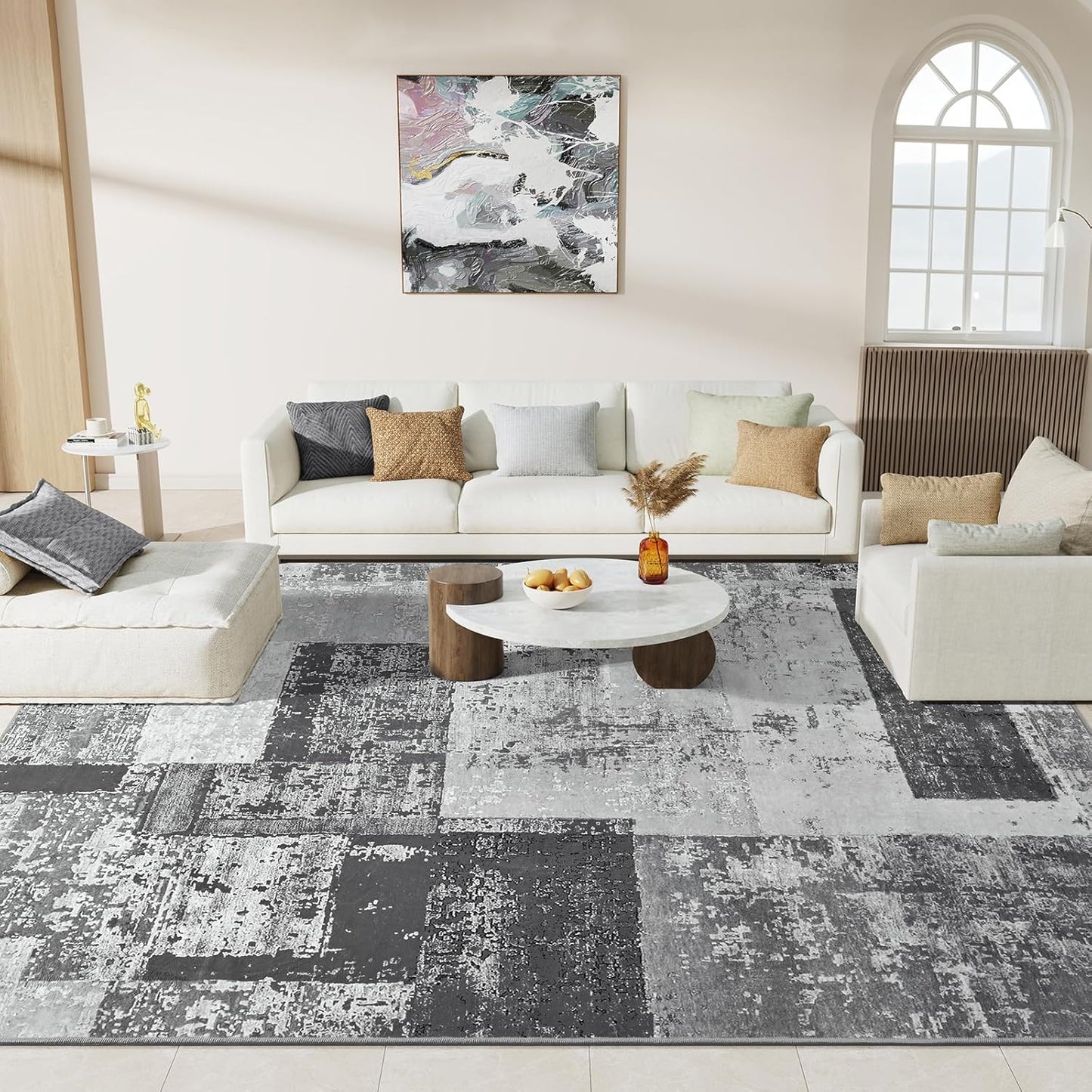 LOCHAS Rug for Living Room, Washable Soft Area Rugs for Bedroom 4x6, Abstract Carpet for Indoor Office Kids Dining Room Nursery Floor, Grey Geometric Vintage Home Decor, Non Slip, Pet Child Friendly