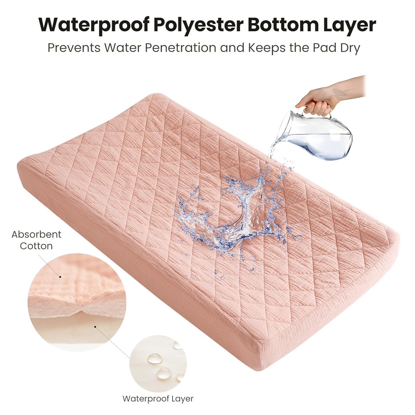 Konssy Waterproof Muslin Changing Pad Cover 2 Pack, Quilted Cotton Fitted Diaper Chang Table Cover, Soft Changing Pad Sheets for Girls Boys (Blossom,Pink)