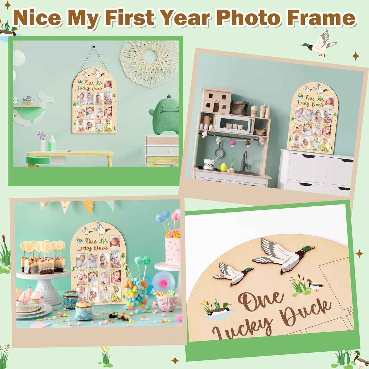 R HORSE 3D Mallard Duck 1st Birthday Wood Photo Display Board, One Lucky Duck Baby's First Year Picture Frame, 1-12 Months Milestone Board Birthday Decorations Keepsake Gift for Baby Nursery Decor