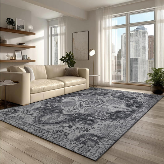 9x12 Area Rug Living Room Rugs, Stain Resistant Washable Rug, Vintage Large Non-Slip Backing, Low Pile Lightweight Print Rug for Bedroom Dinning Room Home Office (Medium Gray)