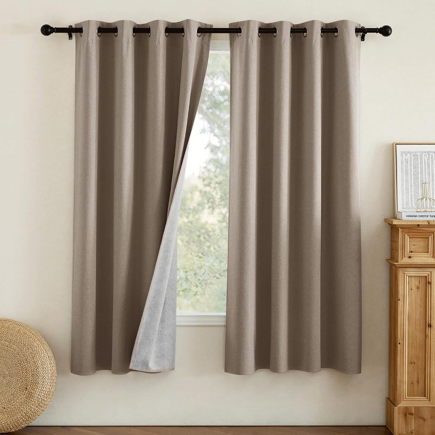 NICETOWN Linen Bedroom Full Blackout Faux Linen Curtain Panels Set of 2, 52" by 72", Thick Insulated Classic Grommet Blackout Draperies with White Thermal Insulated Liner for Windows