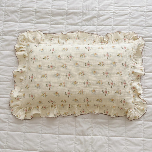 BuLuTu Double Layers Muslin Cotton Pillowcase King Size Vintage Floral Print Pillow Case Teens Girls Women Ruffled Pillow Cover, Envelope Closure, 20x36 inch, 1 Piece, Azalea