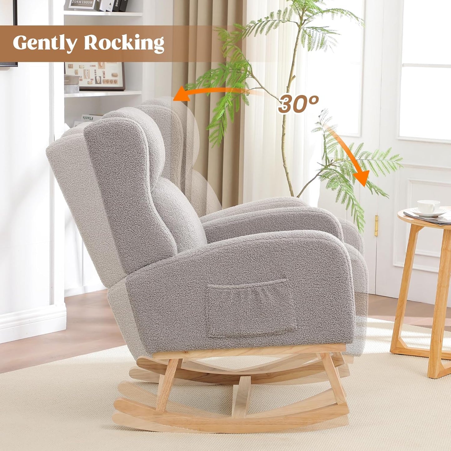 Rocking Chair Nursery, Nursing Rocking Chairs for Mom Nursery, Comfy Wingback Glider Rocking Armchair with Side Pocket for Nursery Living Room Bedroom, Teddy Light Grey