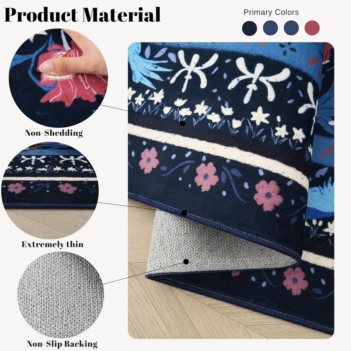 Bedroom Rug 3x5 Rug Washable Area Rug Non Slip Low Pile Vintage Floral Botanical Small Carpet for Bedroom, Bedside, Kitchen, Entryway, Kids Room, Office, Blue