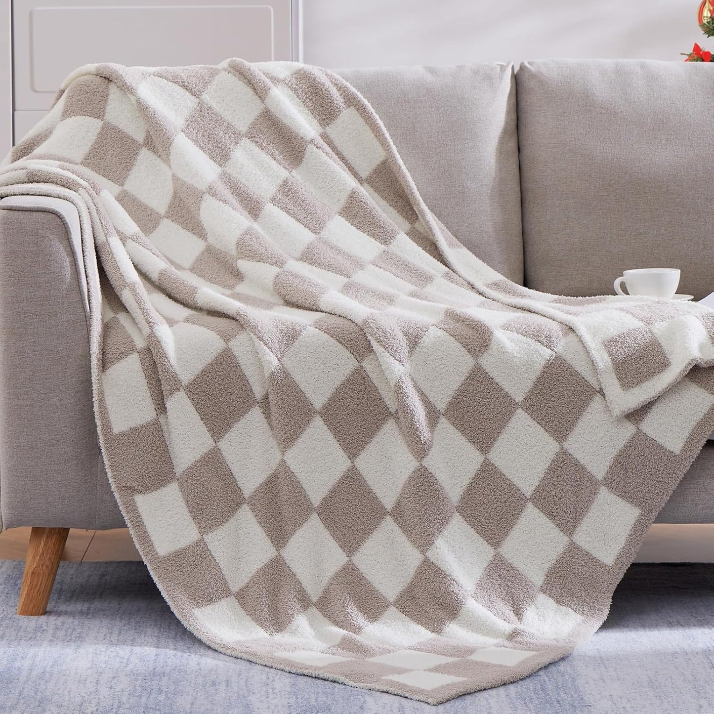 WRENSONGE Checkered Throw Blanket, Taupe Soft Cozy Fluffy Warm Hand Made Throw Blankets for Couch, Sofa, Chair, Bed, Camping, Picnic, Travel Lightweight Bed Blanket - 50"*70"