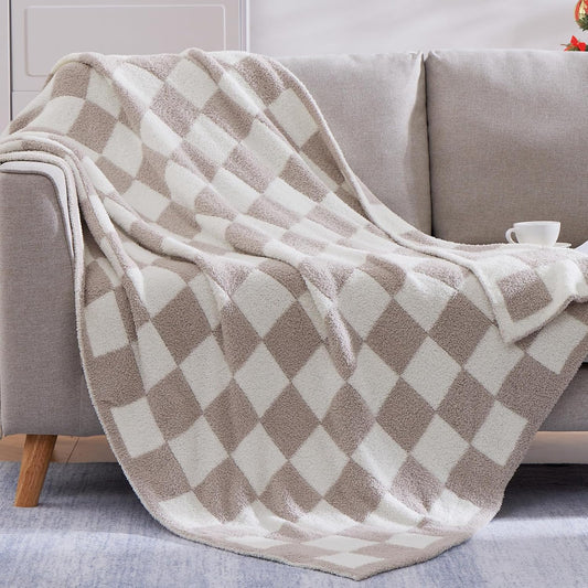 WRENSONGE Checkered Throw Blanket, Taupe Soft Cozy Fluffy Warm Hand Made Throw Blankets for Couch, Sofa, Chair, Bed, Camping, Picnic, Travel Lightweight Bed Blanket - 60"*80"