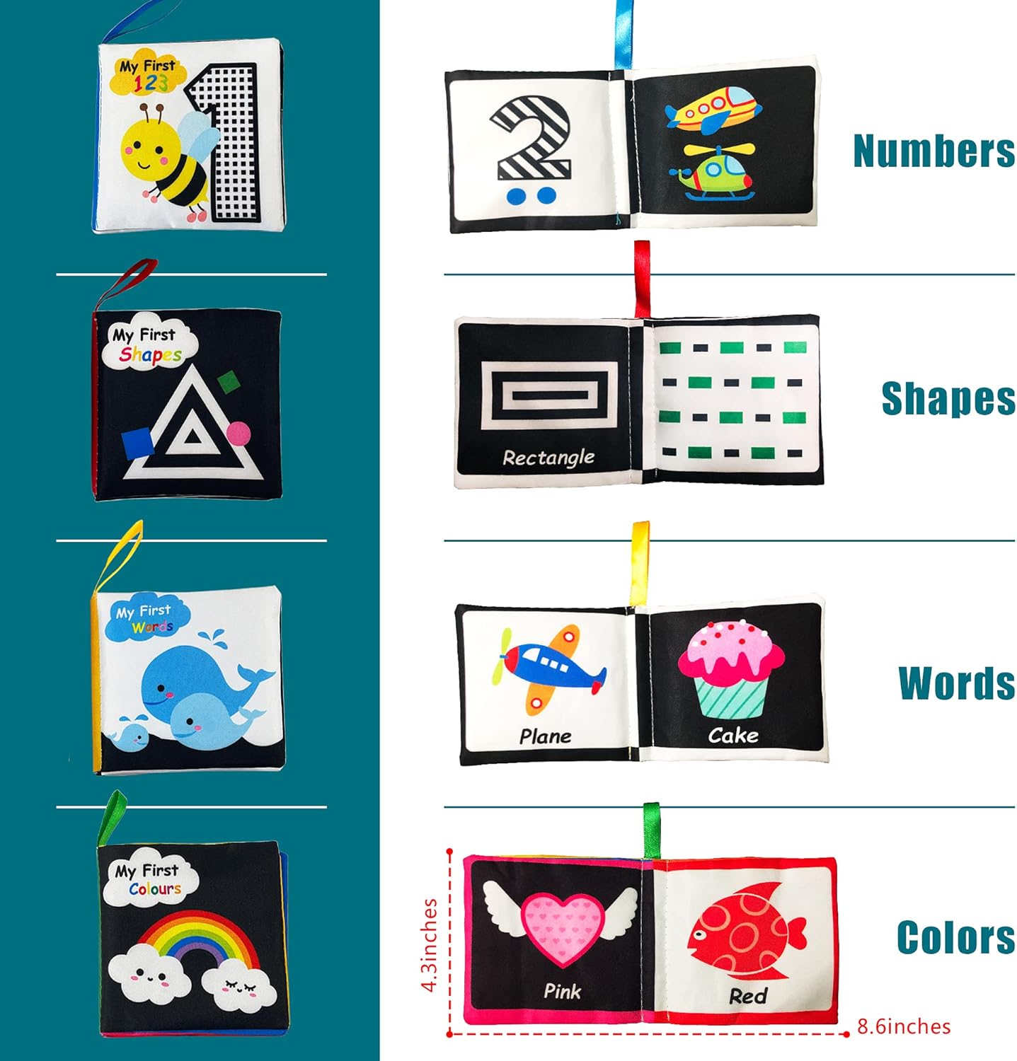 Soft Cloth Baby Book Toy 0-6 Months, Black White Baby Learning Book(Pack of 4),Touch and Feel Crinkle Book Infants 6-18 Months,Early Educational Toy 0-3 Months, Gift for Babies Infants