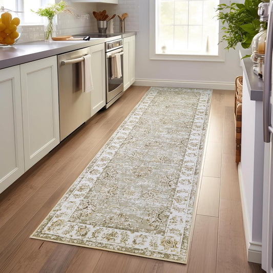 jinchan Hallway Runner Rug 3x8 Washable Runner - Vintage Floral Non Slip Low-Pile Soft Thin Faux Wool Kitchen Rug Distressed Carpet for Farmhouse Bedroom Laundry Room(3x8ft,Taupe)