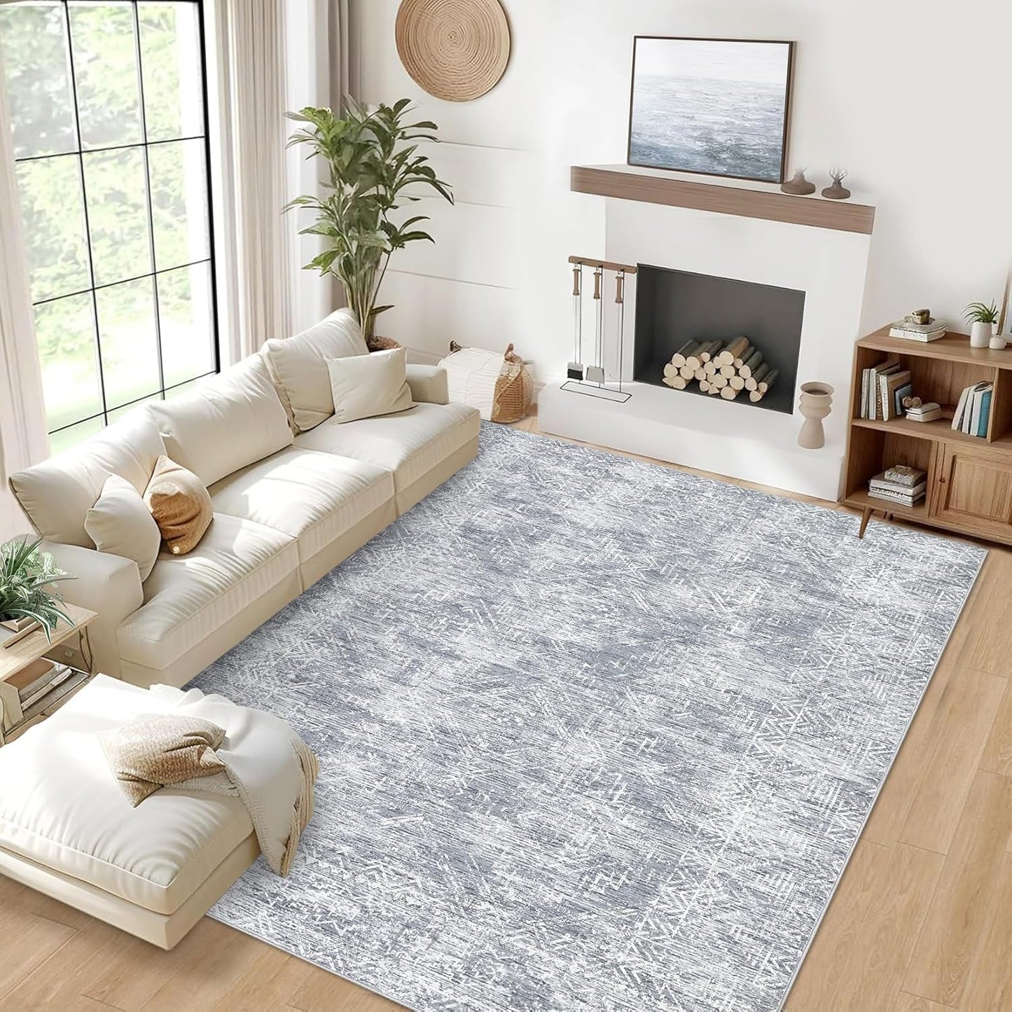COZYLOOM Area Rug 4x6 Modern Washable Distressed Accent Carpet with Non-Slip Backing, Ultra-Soft Contemporary Geometric Floor Mat for Living Room, Kitchen, Bedroom, Grey