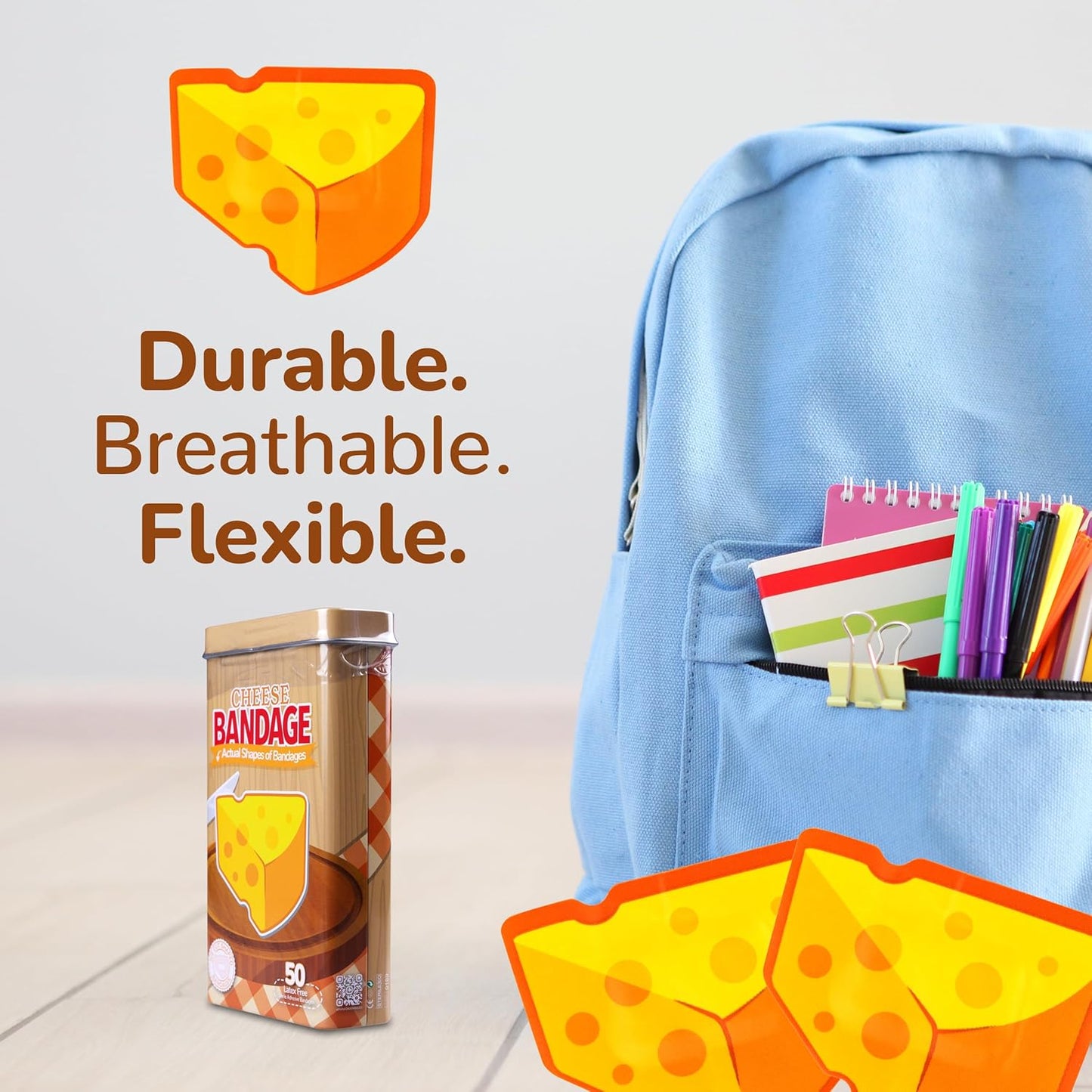 BioSwiss Bandages, Cheese Shaped Self Adhesive Bandage, Latex Free Wound Care, Fun First Aid Kit Supplies for Kids and Adults, 50 Count