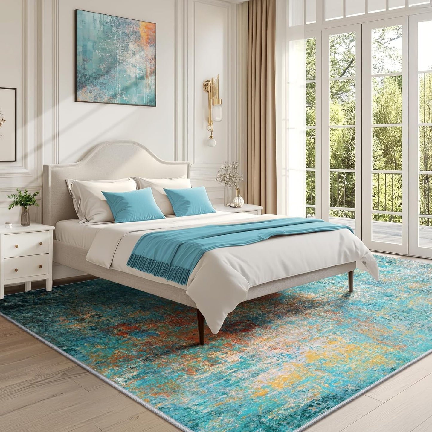 Washable Area Rugs 7'x9' Non-Slip Modern Abstract Soft for Living Room Entryway Bedroom Nursery, Print Pattern, Teal Blue Green Orange Rust Red Colorful