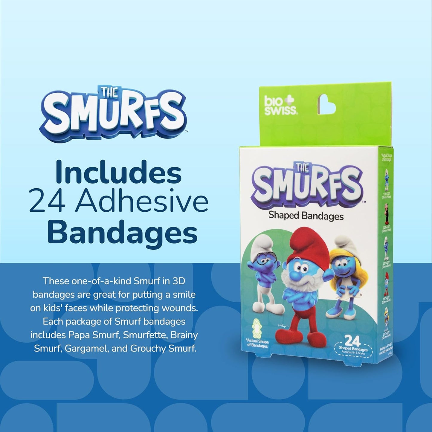 BioSwiss Bandages, The Smurfs in 3D Shaped Self Adhesive Bandage, Latex Free Sterile Wound Care, Fun First Aid Kit Supplies for Kids and Adults, 24 Count Box
