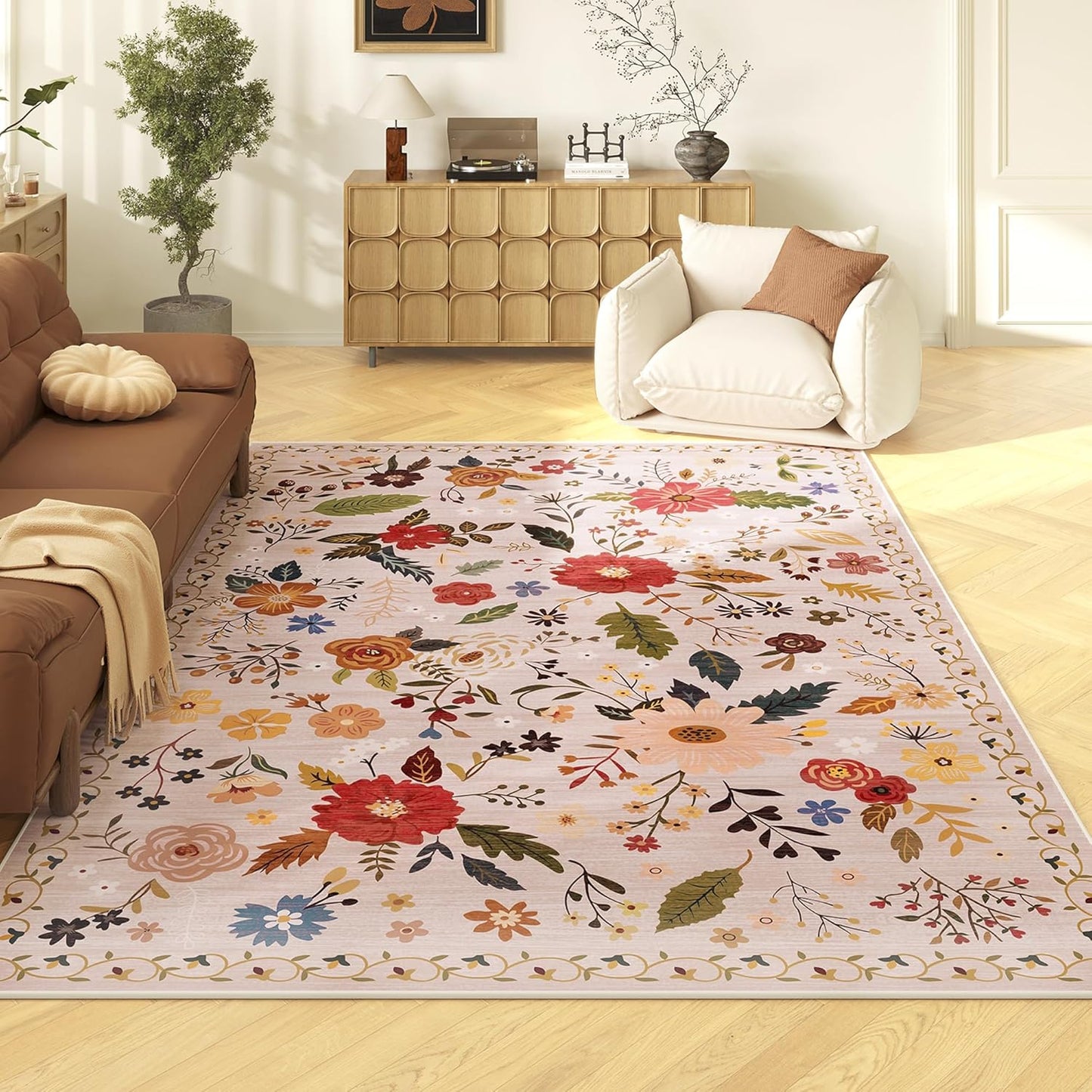 5x7 Washable Rug for Living Room, Pink Floral Area Rug, Non Slip Low Pile Soft Flower Carpet, Large Rugs for Bedroom, Dining Room, Office, Kids Playroom, Nursery, Pink/Beige