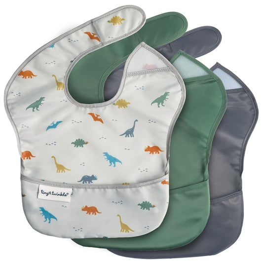 Tiny Twinkle Mess Proof Baby Bibs for Eating - Waterproof, Wipeable Bibs - Toddler Bib- Travel Friendly - PFAS, PVC, BPA, Phthalate Free - Baby Food Bib (3 Pack,Dinosaur)