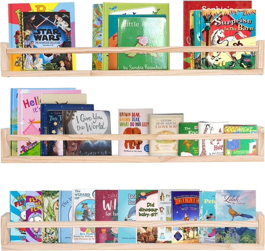 AZSKY Natural Wood Nursery Shelves Floating Wall Book Shelves Nursery Kids Baby Toddler Room Décor 36 in Bookshelf for Toy Picture Display a Set of 3 Same Sizes