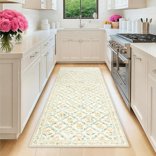 Runner Rug for Entryway: 2x6 Kitchen Rugs Non Slip Washable Ultra-Thin Soft Floral Carpet Indoor Floor Stain Resistant Carpets for Hallway Bedroom Kitchen Laundry Bathroom Dorm Beige/Multi