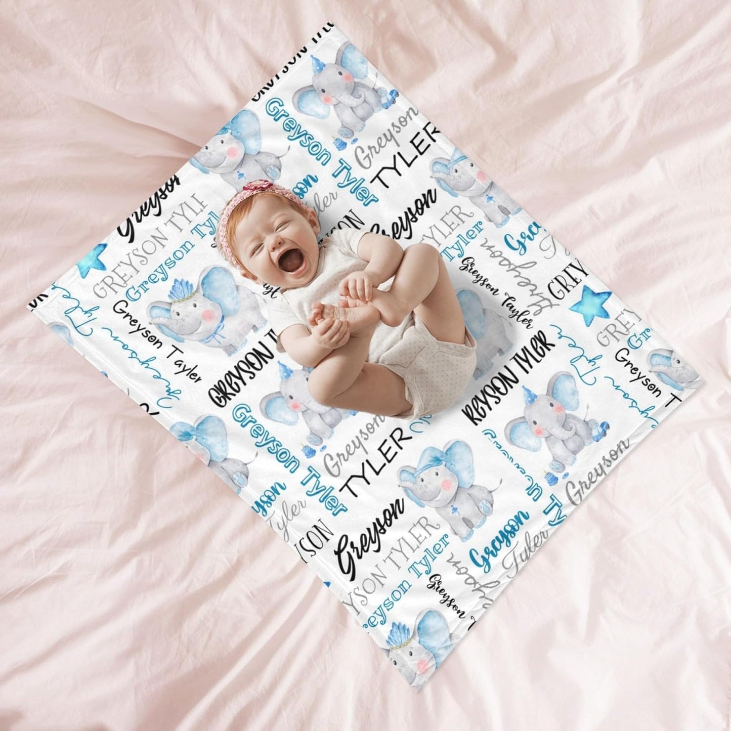 Personalized Elephant Swaddle Blanket with Name - Custom Baby Blanket for Boys & Toddlers - Kids & Newborn