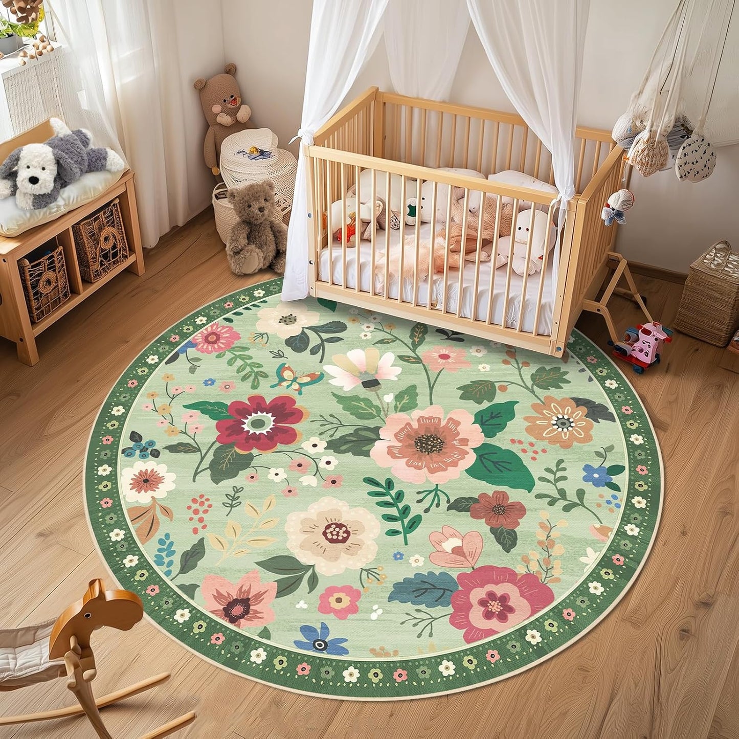 Floral 4ft Area Rug Machine Washable Soft Print Boho Carpet Non Slip Doormat Low Pile Flower Area Rugs for Living Room Bedroom Nursery Kitchen Dining Room Indoor-Light Green