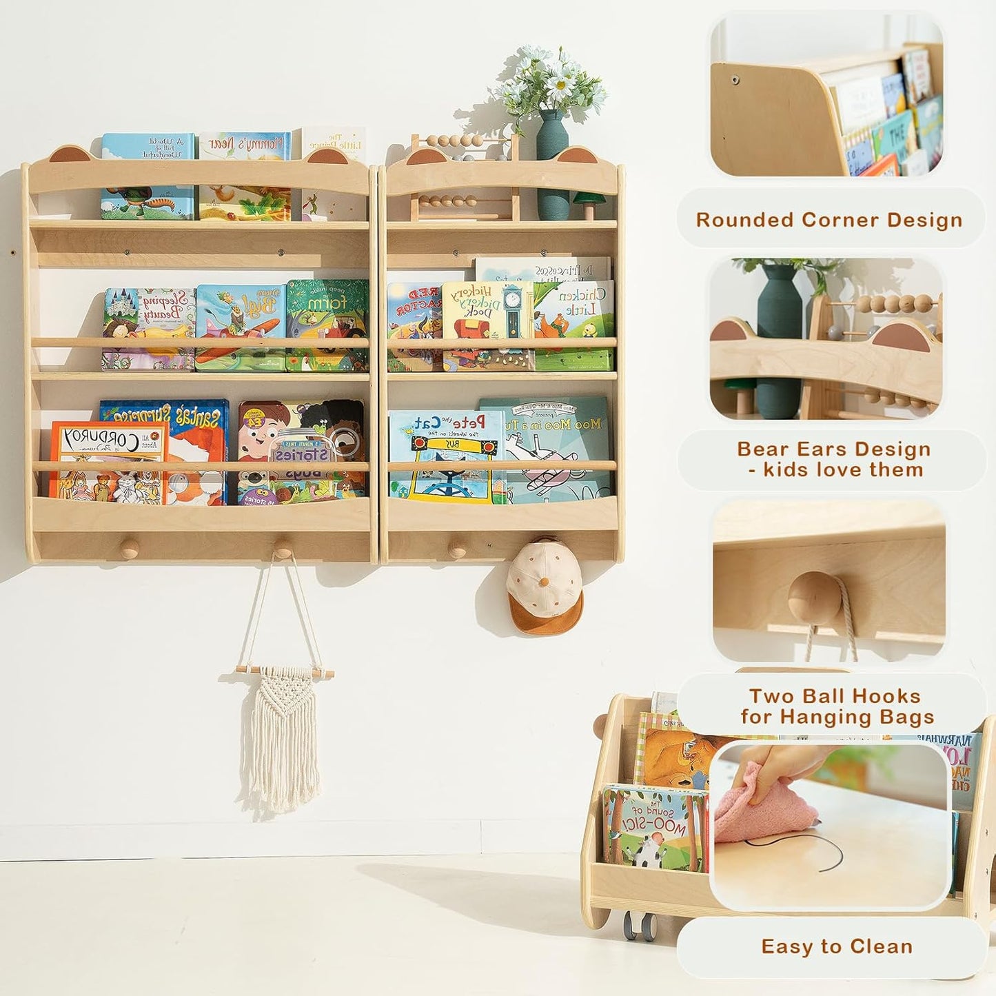 Wall Bookshelf - 3-Tier Floating Wooden Shelves for Kids Room, Nursery, Baby Room, Playroom, Living Room - Birch Hanging Montessori Bookshelf (Narrow)