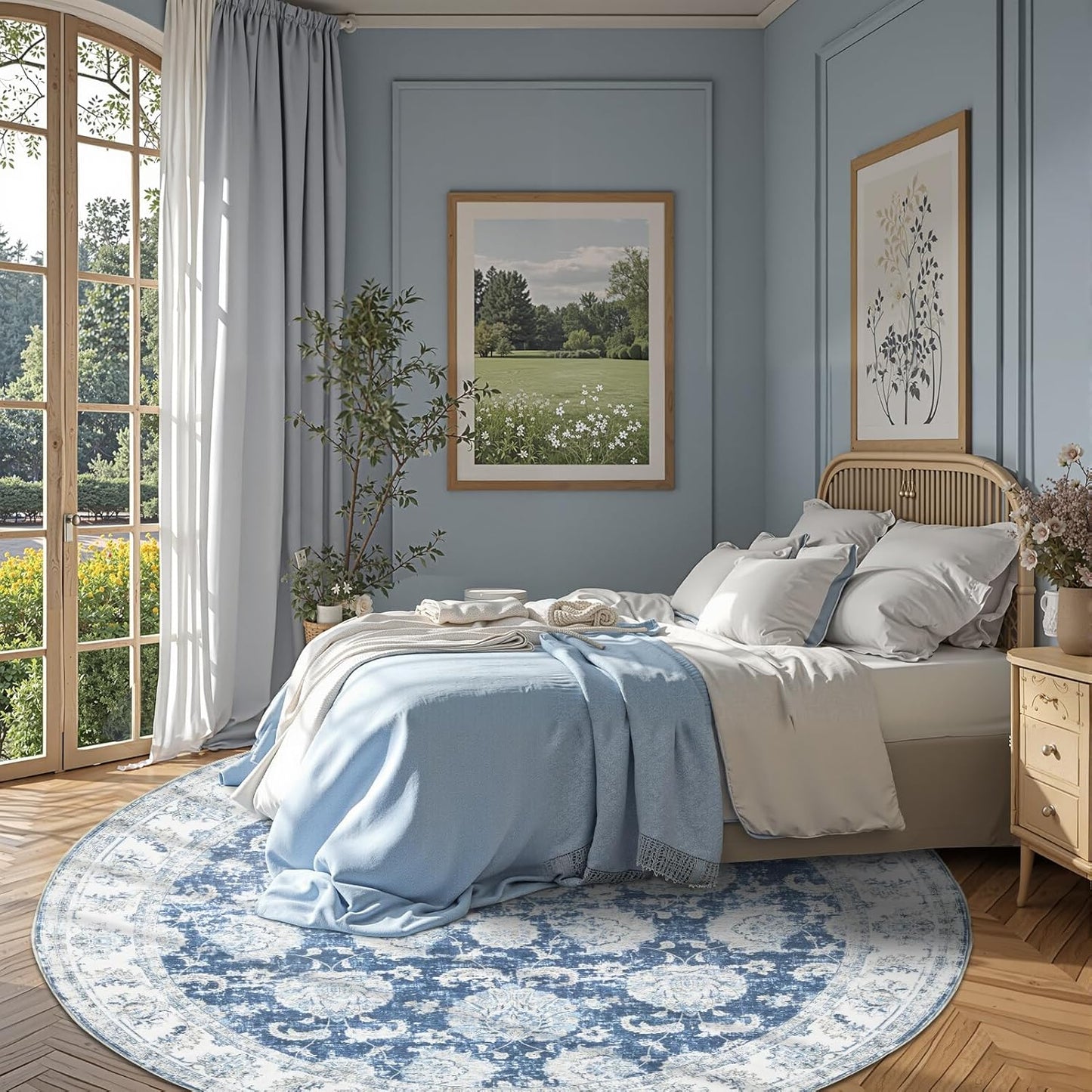 jinchan Round Rug 8ft Area Rug - Dark Blue Vintage Floor Mat Kitchen Indoor Ultra-Thin Soft Floral Print - Washable Circle 8' Retro Accent for Farmhouse Non Slip Dining Room Living Room Bedroom Office