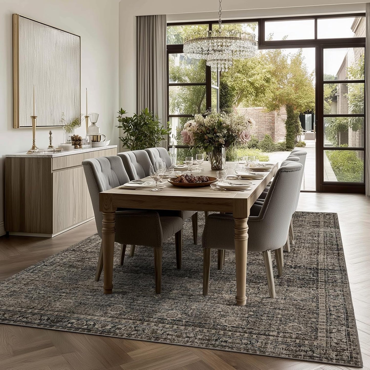 Washable Rugs 5x7 Area Rugs for Living Room, Thin Carpet for Bedroom, Soft Faux Wool Retro Dining Room Rug，Non Slip&Non-Shedding Resistant Low Pile Vintage Print Rug for Home Office (Brown)