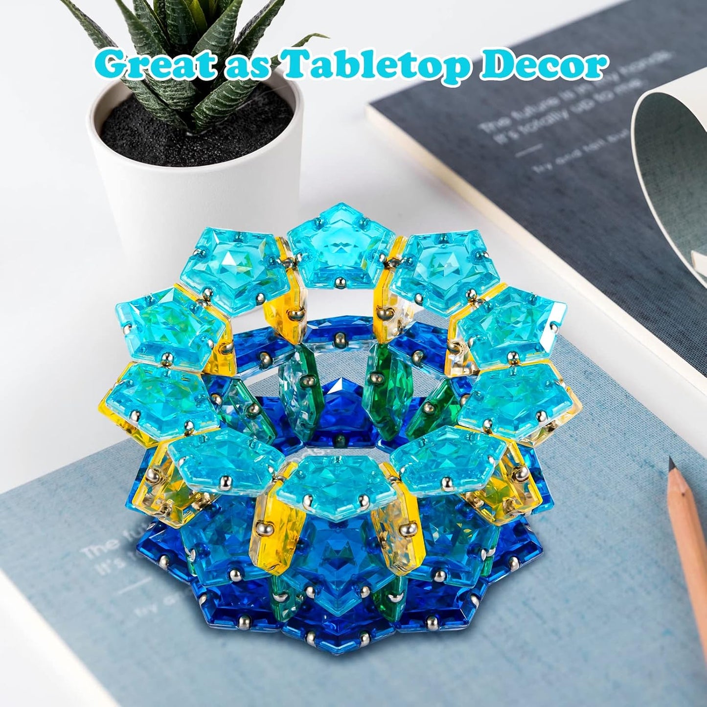 Magnetic Fidget Sphere - Pentagons Magnets Balls - 12 Piece Set - Crystal Bright Blue - Magnet Fidgets Toy - Creativity Beyond Imagination, Inspirational, Recreational, Desk Toys for Adults