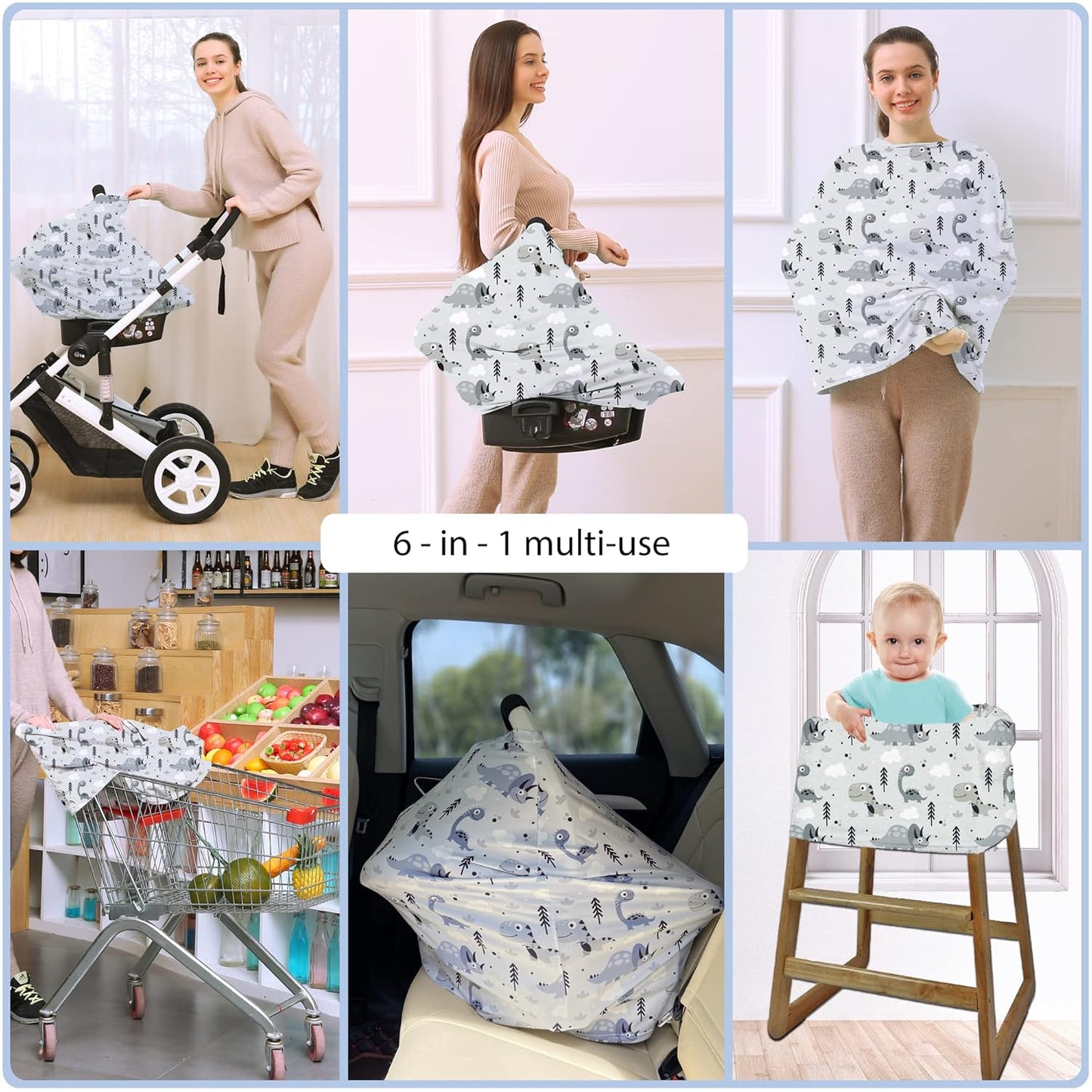 Car Seat Covers for Babies - Multi- use Nursing Carseat Canopy, Breastfeeding Covers, Baby Shower Gifts for Boys and Girls (Grey Dinosaur)