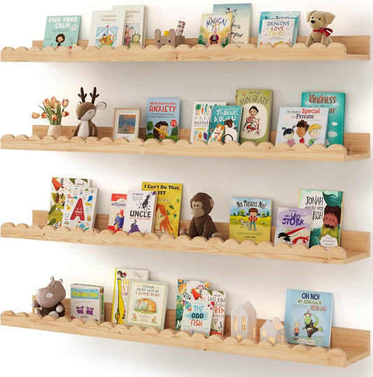 Nursery Book Shelves, 4-Pack Wood Floating Shelves for Wall Kids, Scalloped Shelves, Wall Book Shelves for Bedroom Kids, Toddler Room, Baby Room, Nursery Decor(Wood, 36 Inches)