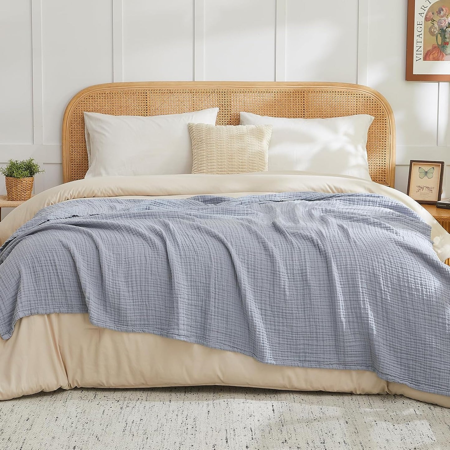 EMME Cotton Muslin Throw Blanket Couch Breathable Gauze Blanket Soft Lightweight Blankets Adults (Dusty Blue, 50"x60")