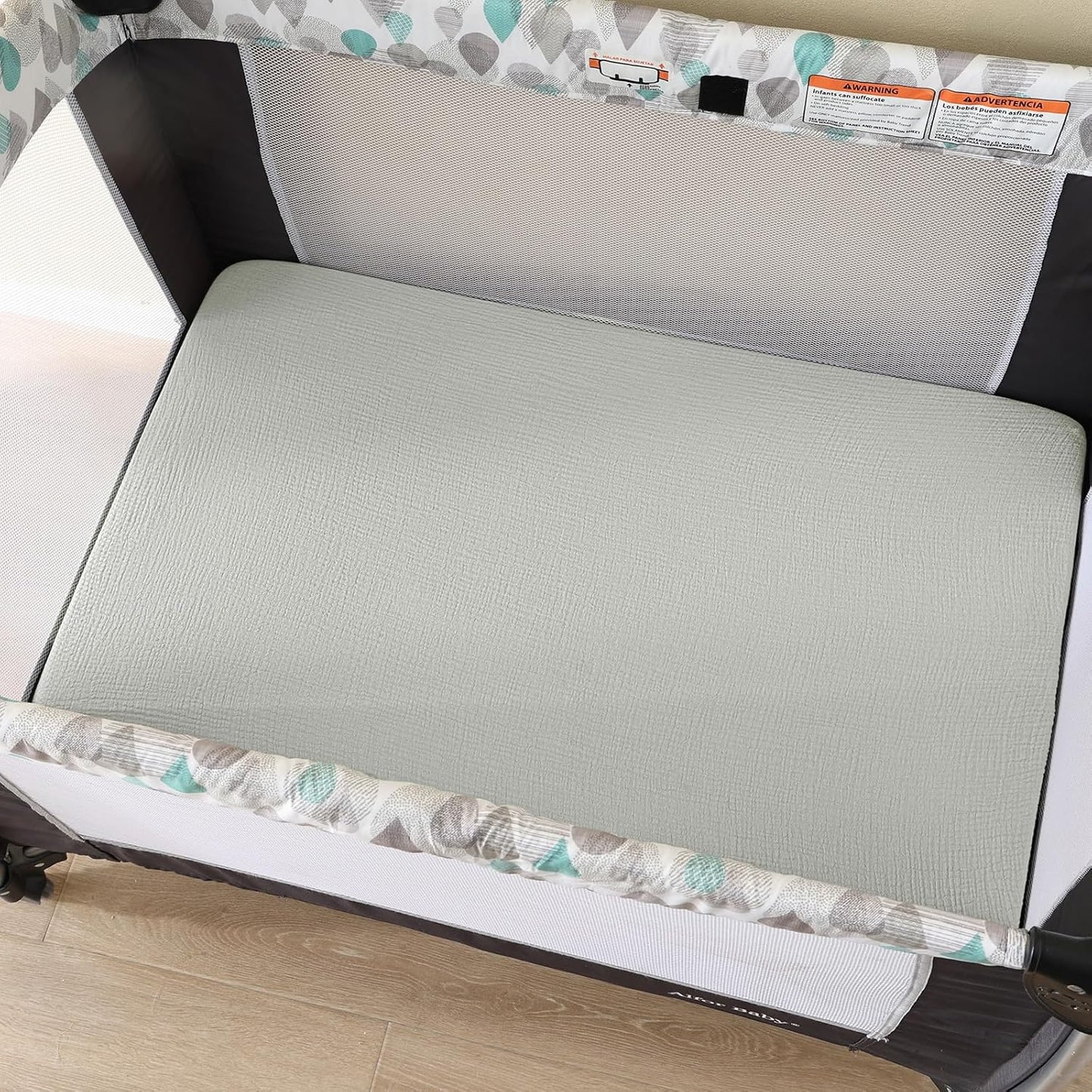 david's kids Muslin Mini Crib Sheets, 2 Pack Cotton Pack N Play Sheets for Boys Girls Neutral, Soft Breathable Baby Sheets Fit Pack N Play, Playard and Mini Crib Mattresses, Light Gray & Sage Green