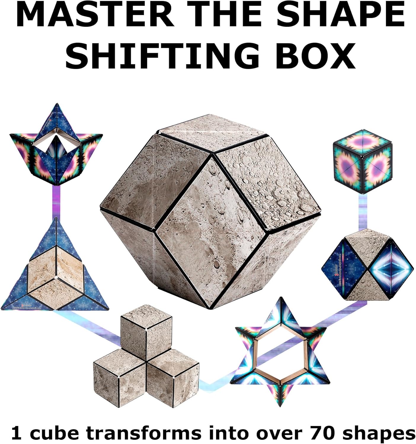 SHASHIBO Shape Shifting Box - Award-Winning, Patented Fidget Cube w/ 36 Rare Earth Magnets - Transforms Into Over 70 Shapes, Gift Box, Download Fun in Motion Toys Mobile App (Moon, 2 pack)