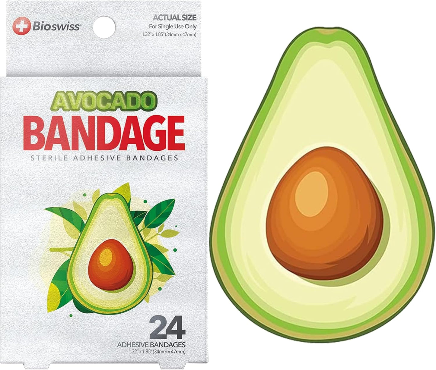 BioSwiss Bandages, Avocado Shaped Self Adhesive Bandage, Latex Free Sterile Wound Care, Fun First Aid Kit Supplies for Kids, 24 Count