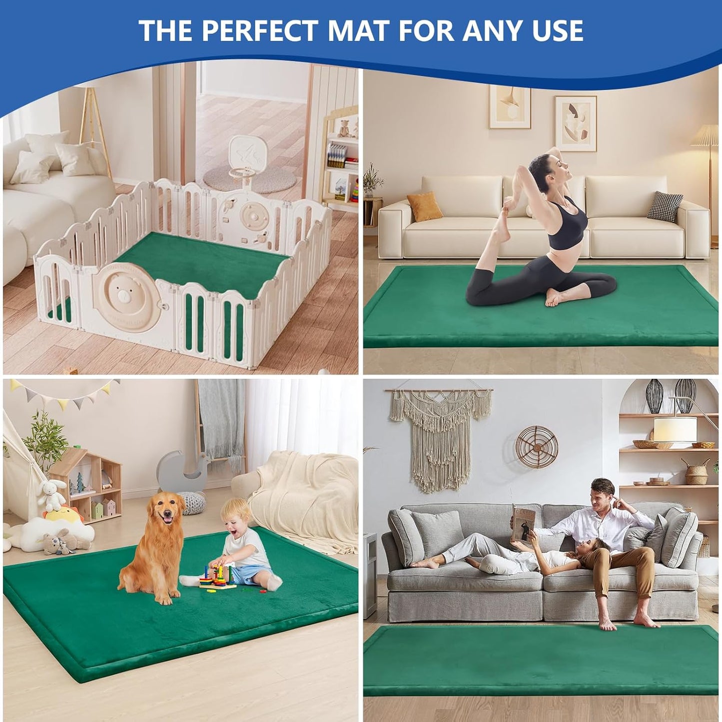 Baby Play Mat for Floor,1.3" Thick Memory foam Tummy Time Mat,Soft Coral Velvet Nursery Rug,Extra Large Non Slip Crawling Mat for Toddlers,Infants,kids,Yoga Mat,Tatami Style for Living Room(Dark Green)