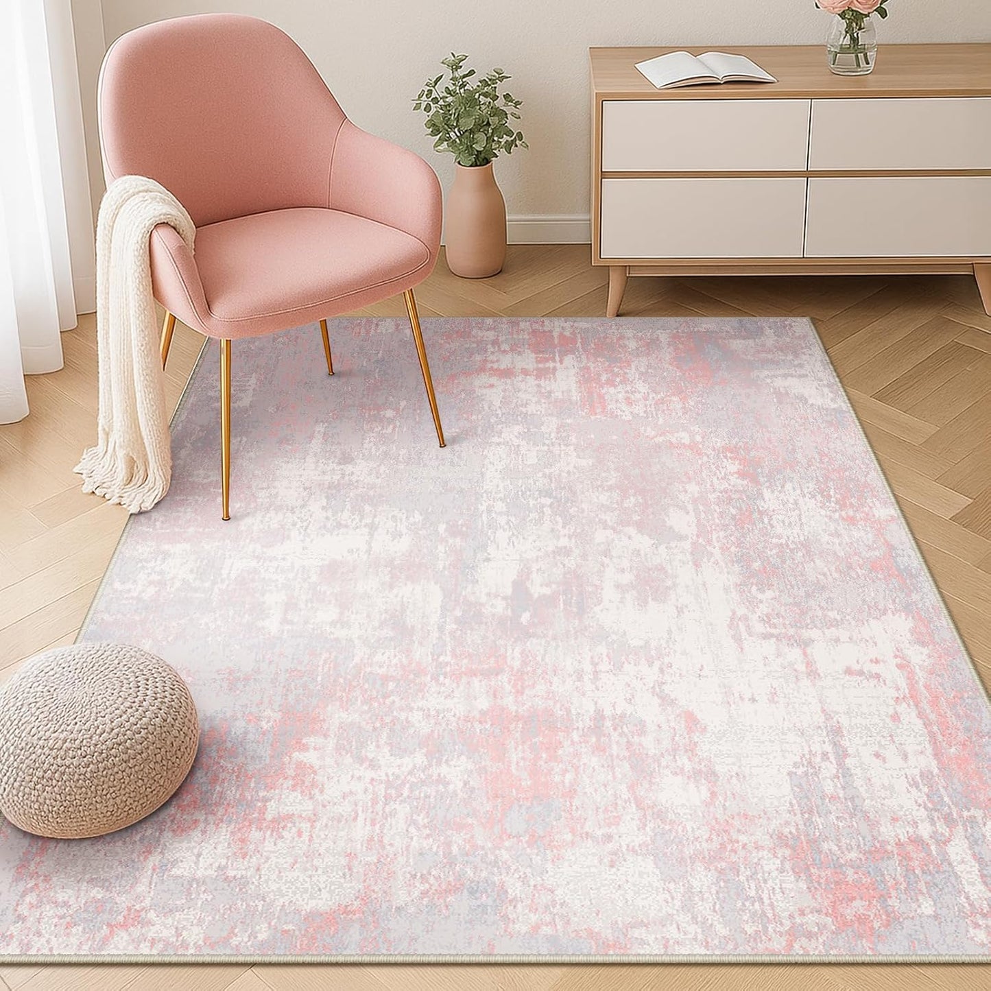Washable Area Rugs 2'x3' Non-Slip Modern Abstract Soft for Living Room Entryway Bedroom Nursery, Print Pattern, Grey Pink