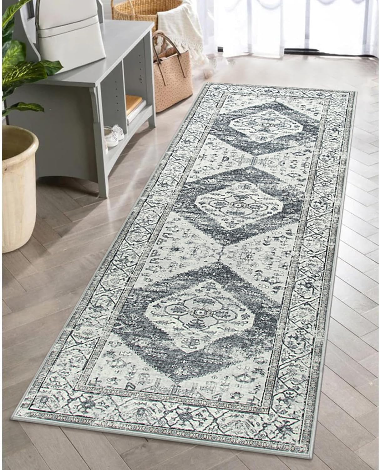 Lahome Boho Small Rug - 2x5 Non-Slip Washable Laundry Room Rug, Lightweight Hallway Rugs Indoor, Oriental Distressed Print Carpet Runners for Bedroom Kitchen Bathroom